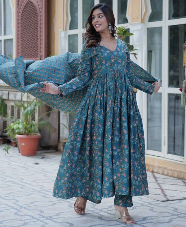 Magnetic Turquoise Color Cotton Fabric Gown