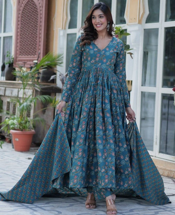 Magnetic Turquoise Color Cotton Fabric Gown