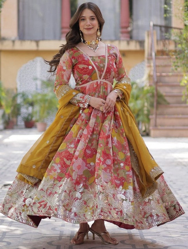 Magnetic Red Color Silk Fabric Gown