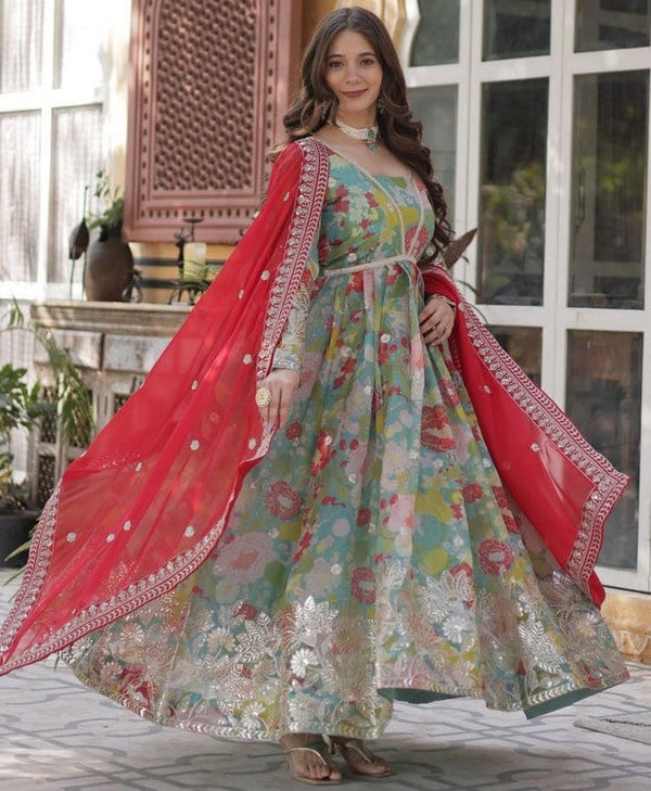 Magnetic Green Color Silk Fabric Gown