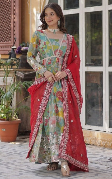Magnetic Green Color Silk Fabric Gown