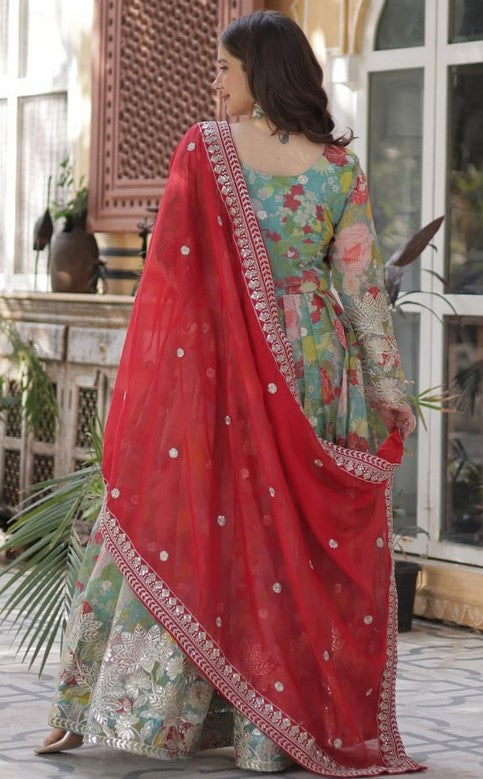 Magnetic Green Color Silk Fabric Gown