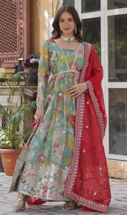 Magnetic Green Color Silk Fabric Gown