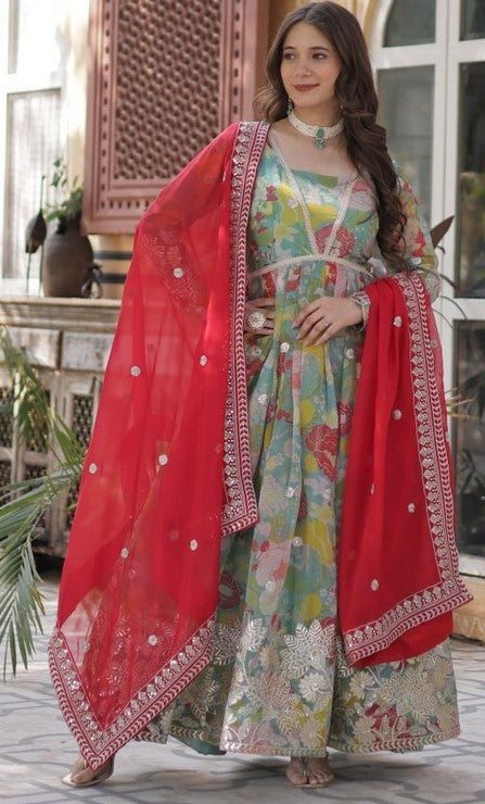 Magnetic Green Color Silk Fabric Gown