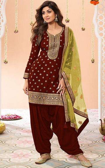 Tasteful Brown Color Jacquard Fabric Patiala Suit