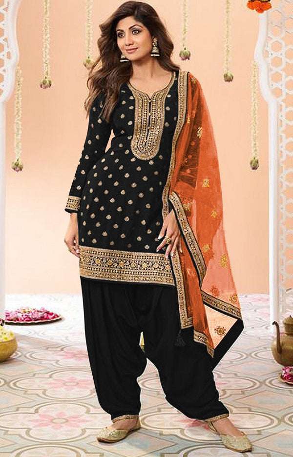 Tasteful Black Color Jacquard Fabric Patiala Suit