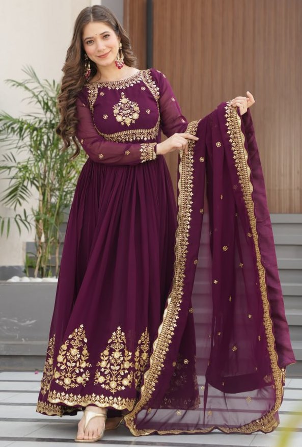 Dazzling Wine Color Blooming Fabric Gown