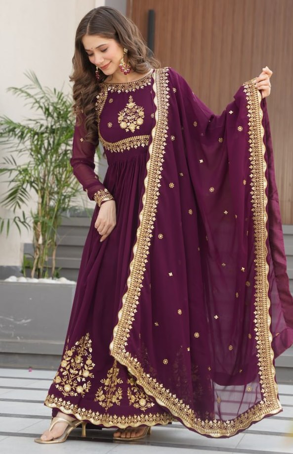 Dazzling Wine Color Blooming Fabric Gown