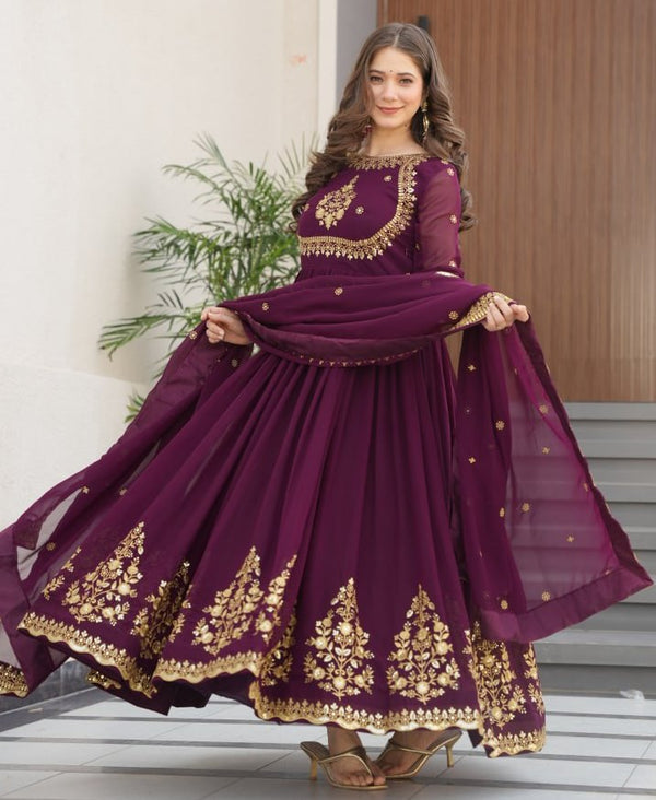 Dazzling Wine Color Blooming Fabric Gown
