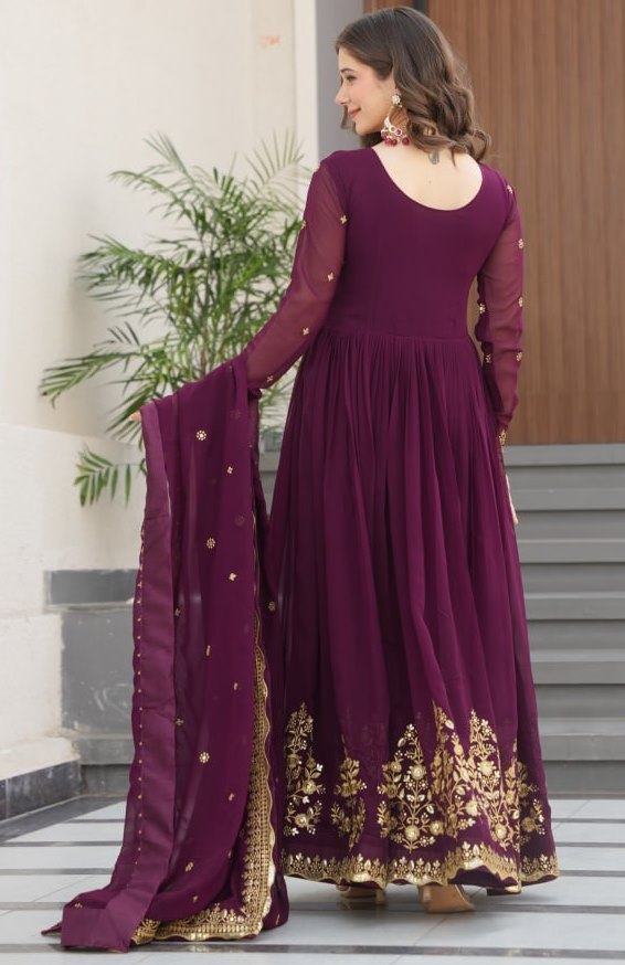 Dazzling Wine Color Blooming Fabric Gown