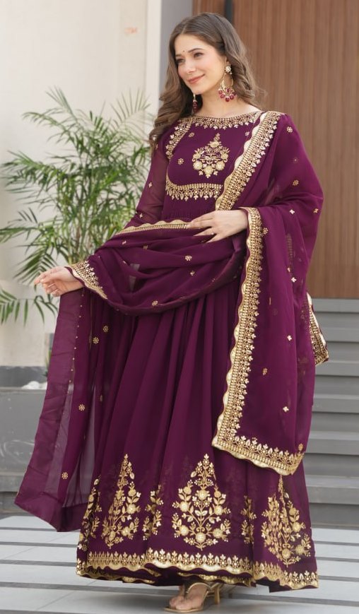 Dazzling Wine Color Blooming Fabric Gown
