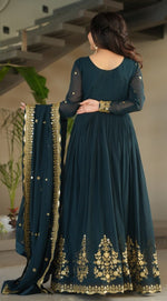 Dazzling Teal Color Blooming Fabric Gown