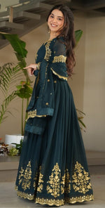 Dazzling Teal Color Blooming Fabric Gown