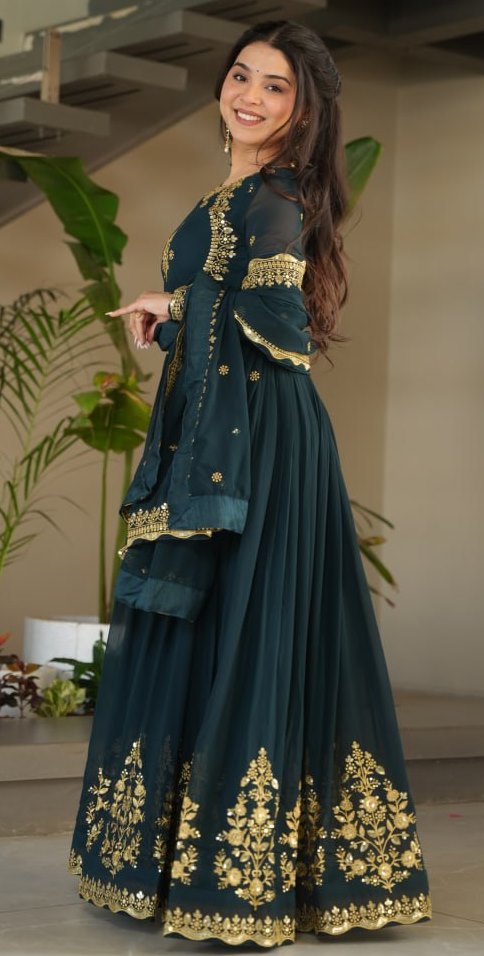 Dazzling Teal Color Blooming Fabric Gown