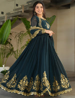 Dazzling Teal Color Blooming Fabric Gown