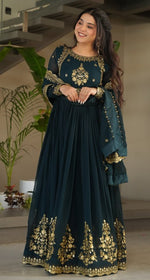 Dazzling Teal Color Blooming Fabric Gown