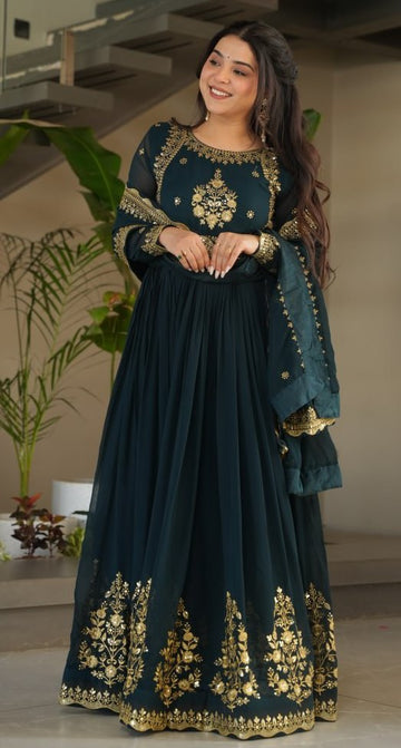 Dazzling Teal Color Blooming Fabric Gown