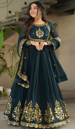 Dazzling Teal Color Blooming Fabric Gown