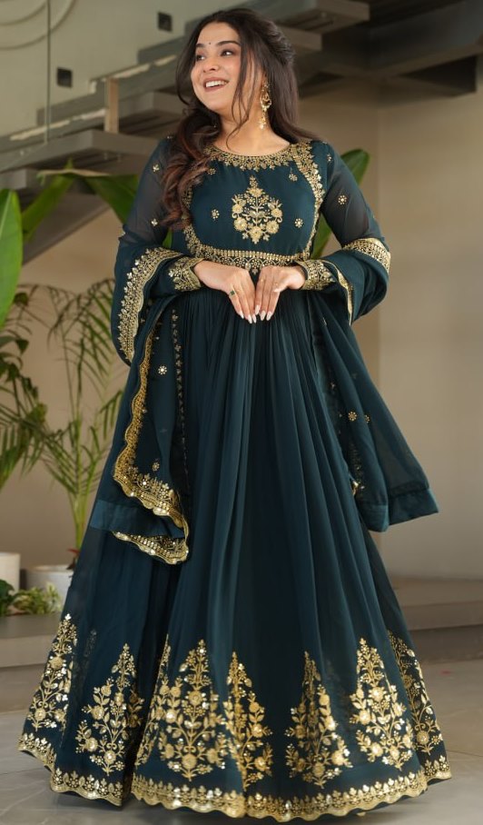Dazzling Teal Color Blooming Fabric Gown