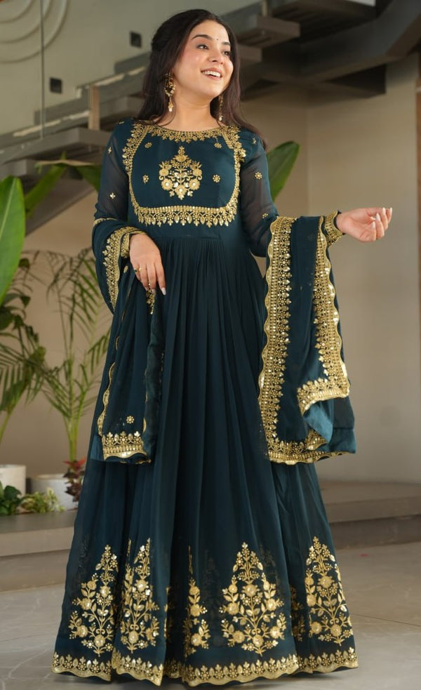 Dazzling Teal Color Blooming Fabric Gown