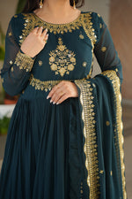 Dazzling Teal Color Blooming Fabric Gown