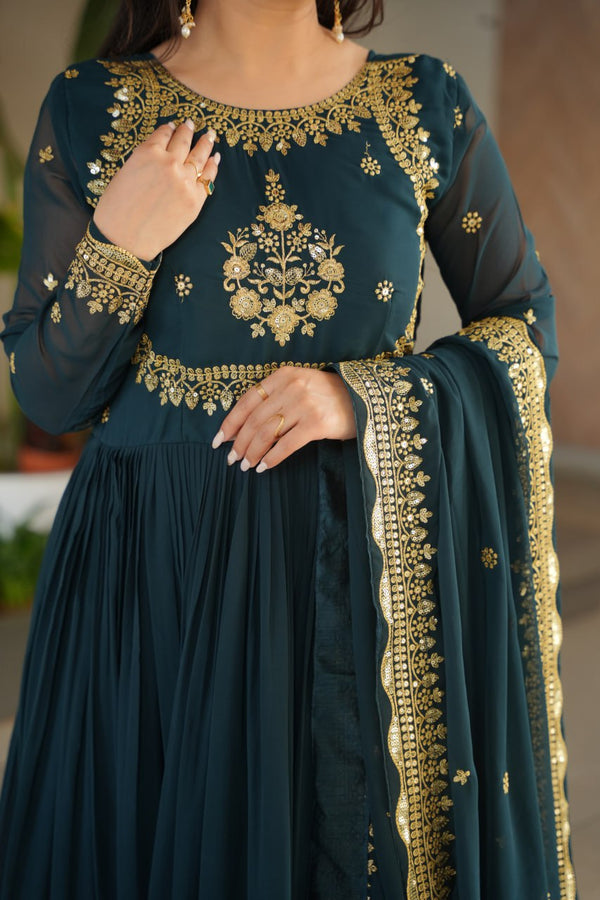 Dazzling Teal Color Blooming Fabric Gown