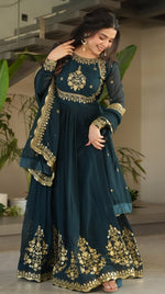 Dazzling Teal Color Blooming Fabric Gown