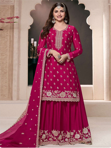 Tasteful Pink Color Chinon Fabric Partywear Suit