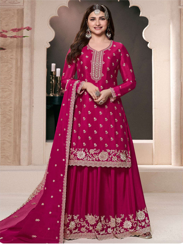Tasteful Pink Color Chinon Fabric Partywear Suit