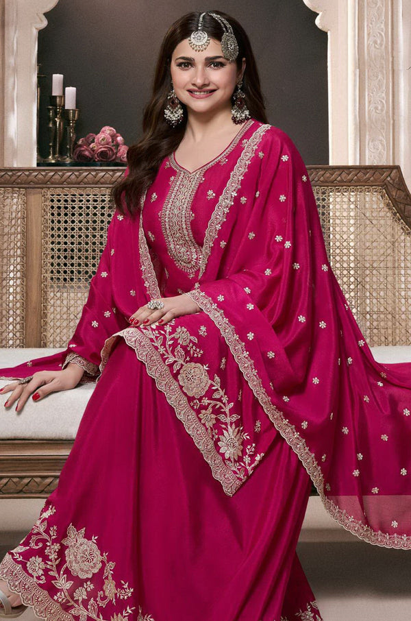 Tasteful Pink Color Chinon Fabric Partywear Suit