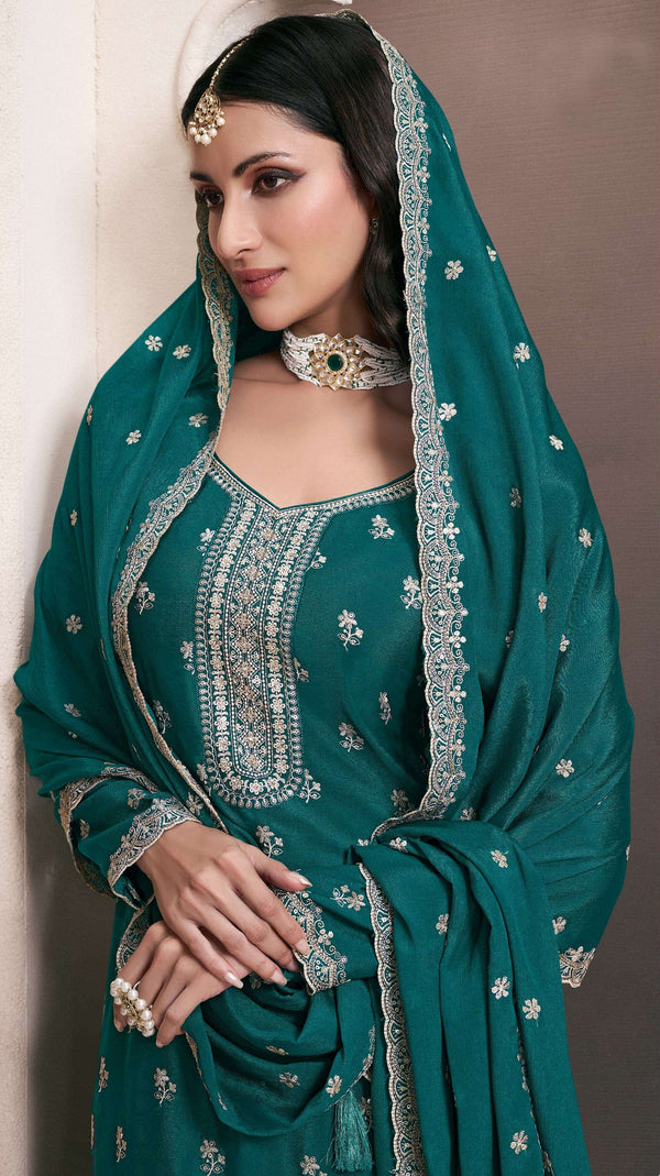 Tasteful Teal  Color Chinon Fabric Partywear Suit