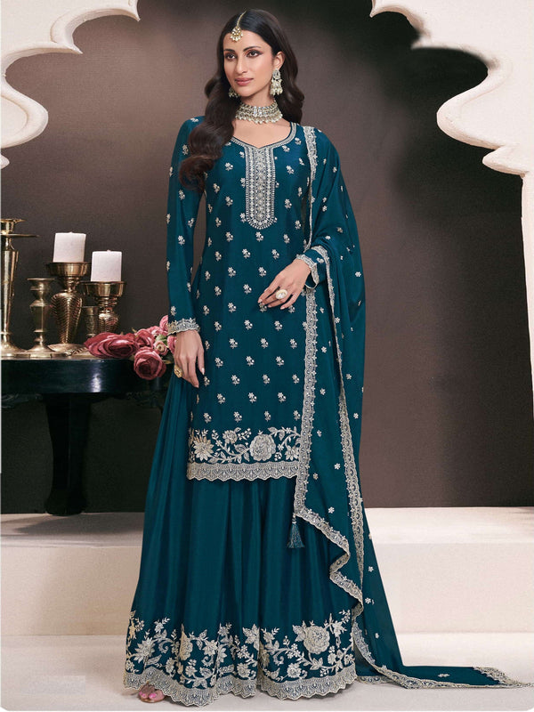 Tasteful Teal  Color Chinon Fabric Partywear Suit