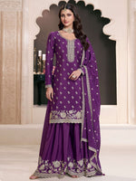 Tasteful Purple Color Chinon Fabric Partywear Suit
