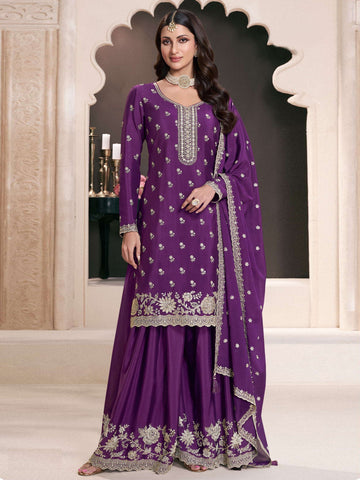 Tasteful Purple Color Chinon Fabric Partywear Suit