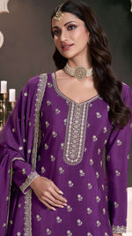 Tasteful Purple Color Chinon Fabric Partywear Suit