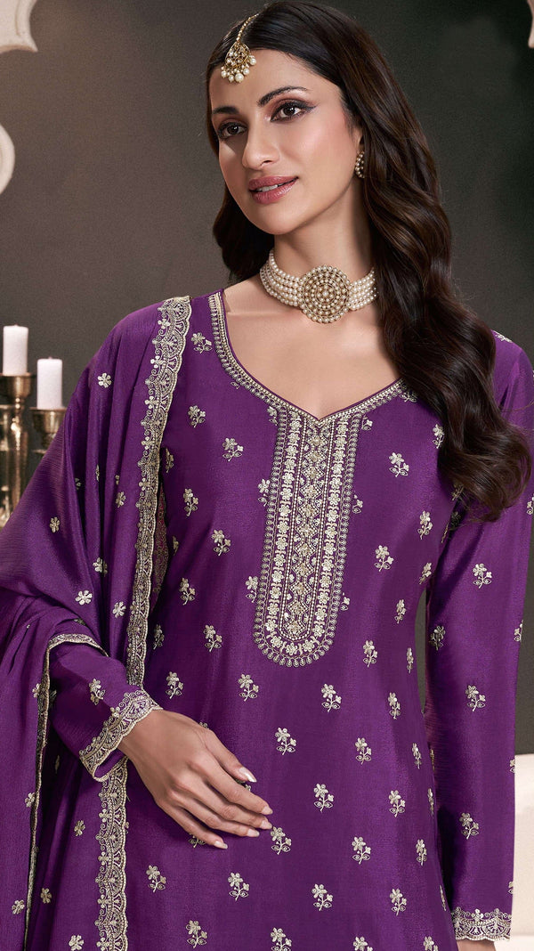 Tasteful Purple Color Chinon Fabric Partywear Suit