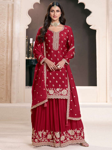 Tasteful Red Color Chinon Fabric Partywear Suit