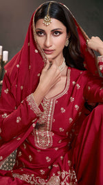 Tasteful Red Color Chinon Fabric Partywear Suit