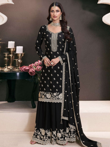 Tasteful Black Color Chinon Fabric Partywear Suit