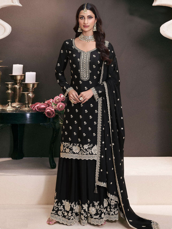 Tasteful Black Color Chinon Fabric Partywear Suit