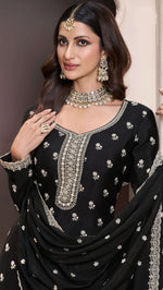 Tasteful Black Color Chinon Fabric Partywear Suit