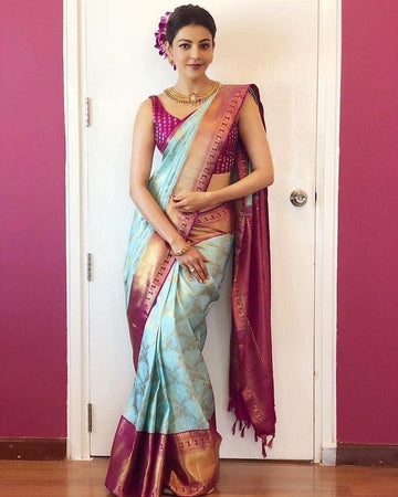 Amazing Aqua Color Silk Fabric Partywear Saree