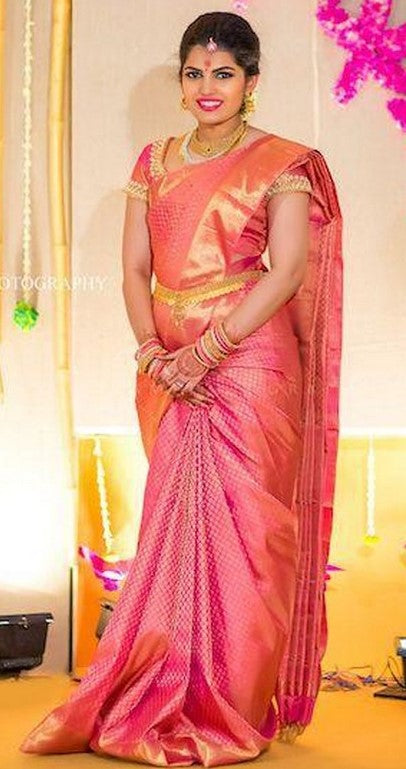 Amazing Peach Color Silk Fabric Partywear Saree