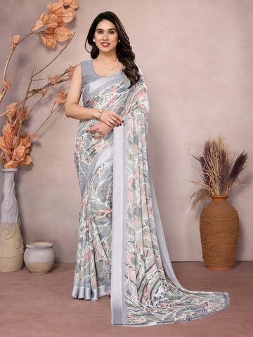Amazing Grey Color Satin  Fabric Casual Saree