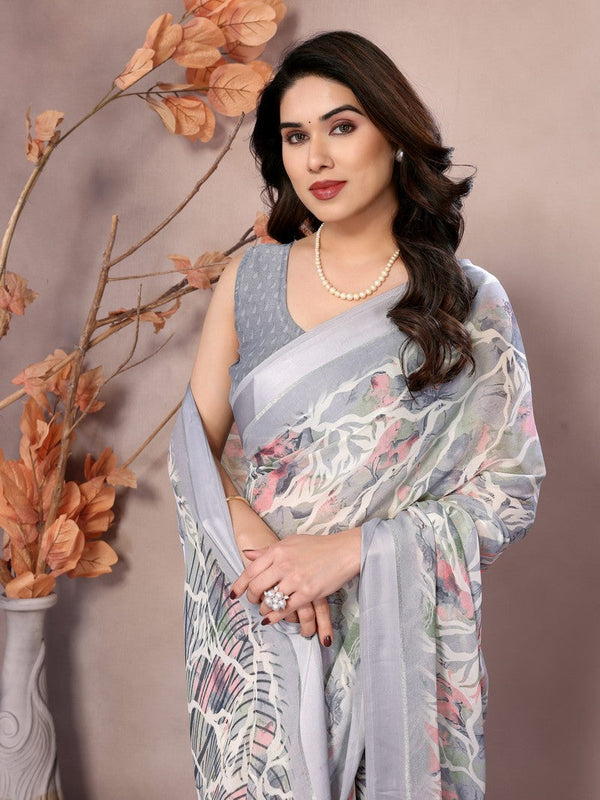 Amazing Grey Color Satin  Fabric Casual Saree