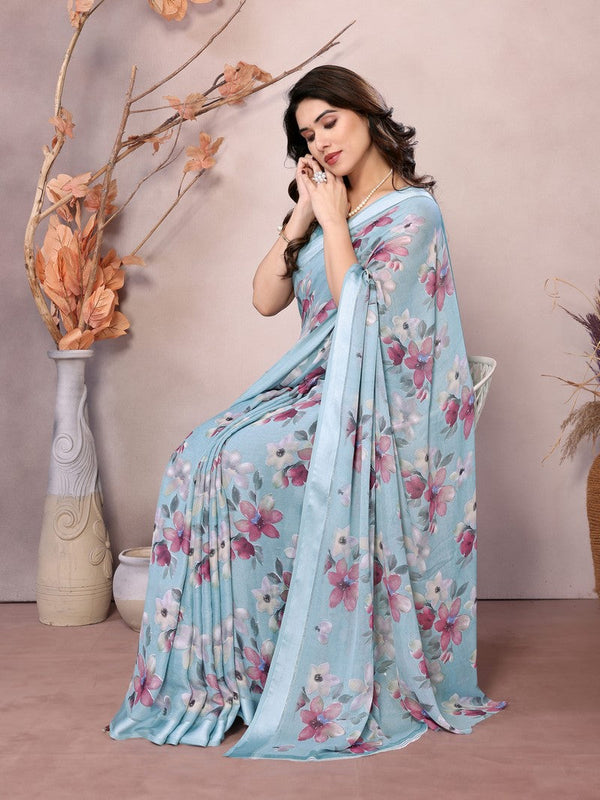 Amazing Aqua Color Satin  Fabric Casual Saree