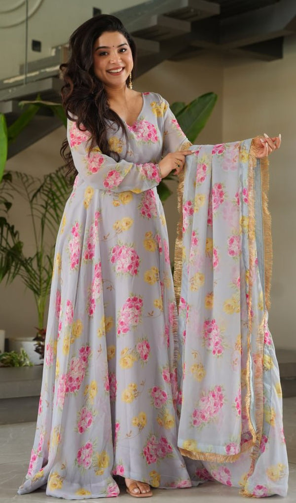 Striking Grey Color Georgette Fabric Gown