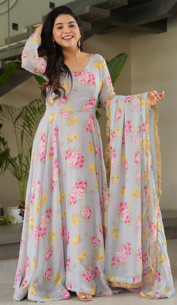Striking Grey Color Georgette Fabric Gown