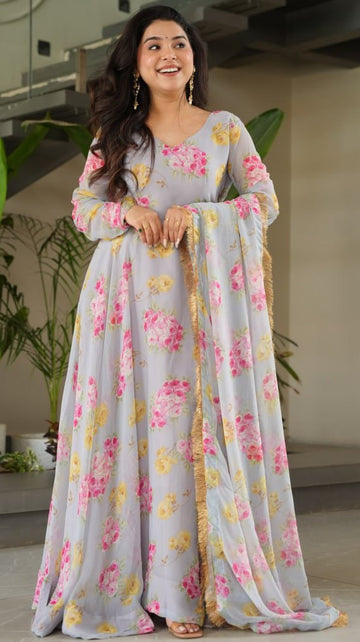 Striking Grey Color Georgette Fabric Gown