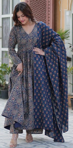 Striking Navy Blue Color Cotton Fabric Gown